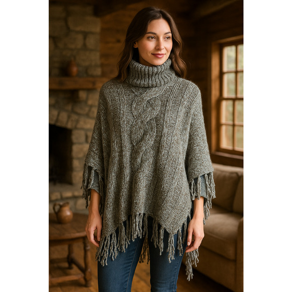 Inis Crafts 100% Merino Wool Poncho Sweater Cape Fringe Brown Irish Made S/M - Picture 1 of 16